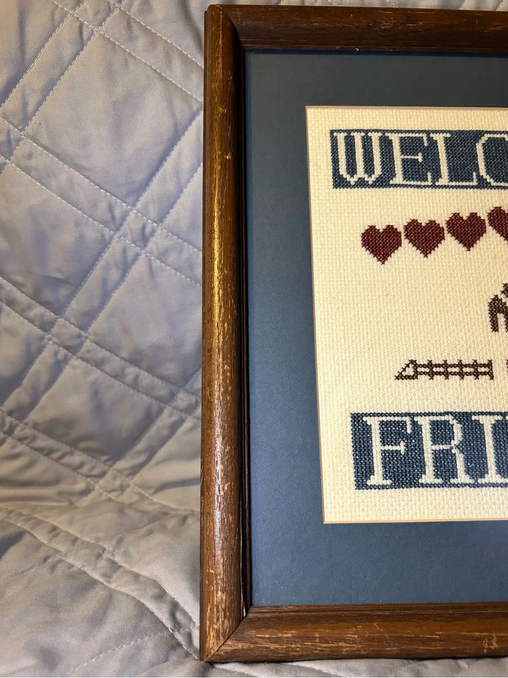 Vintage Framed Finished Cross Stitch Welcome Friends Country Cottage Wall Decor